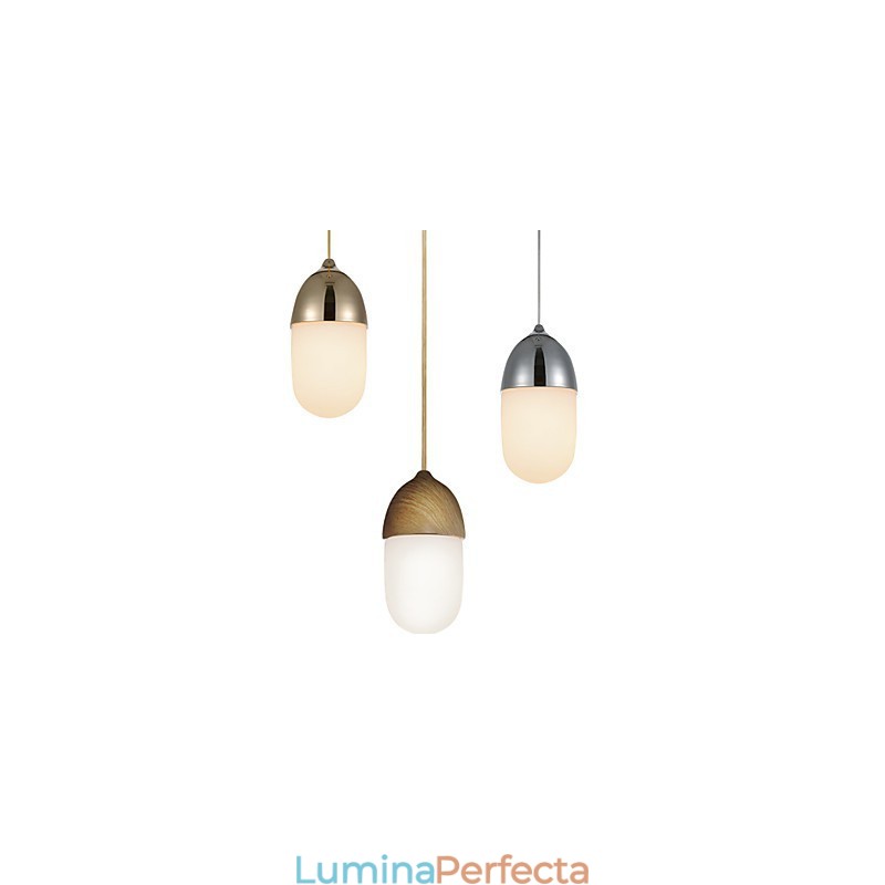 Lampă suspendată Mini Acorn, 1 lumină Modern Simplicity, crom auriu, finisaj din lemn, oțel carbon și sticlă