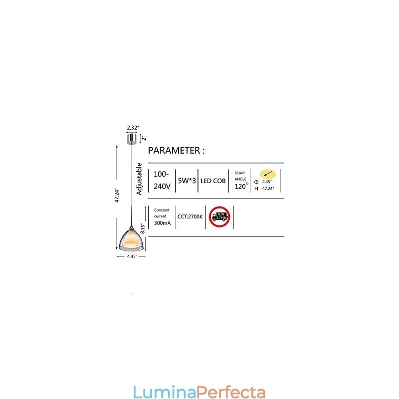 1 lumină suspendată cu două straturi, sticlă transparentă, crom lustruit