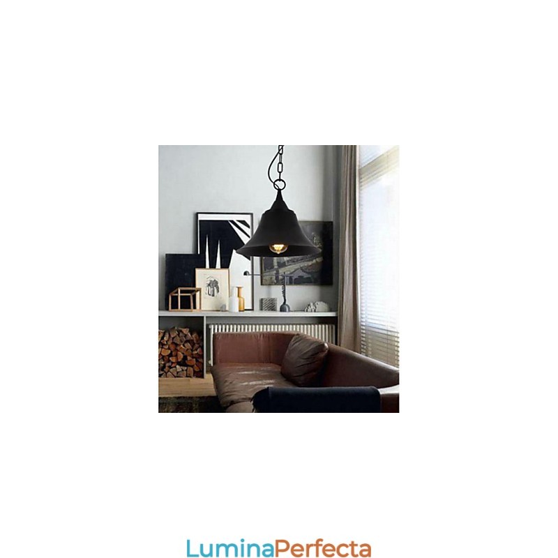 Lampă de suspendare din metal în formă de clopot, negru mat, vintage mediu