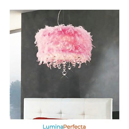 Lampă suspendată de cristal cu 5 lumini în nuanță de pene roz Lampă suspendată de cristal cu 5 lumini în nuanță de pene roz