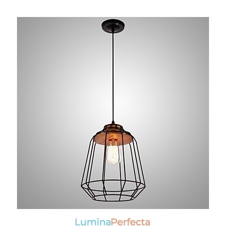 Lampă suspendată cu vopsire din fier cu lampă de iluminat cușcă de fier centrală din lemn Lampă suspendată cu vopsire din fier cu lampă de iluminat cușcă de fier centrală din lemn