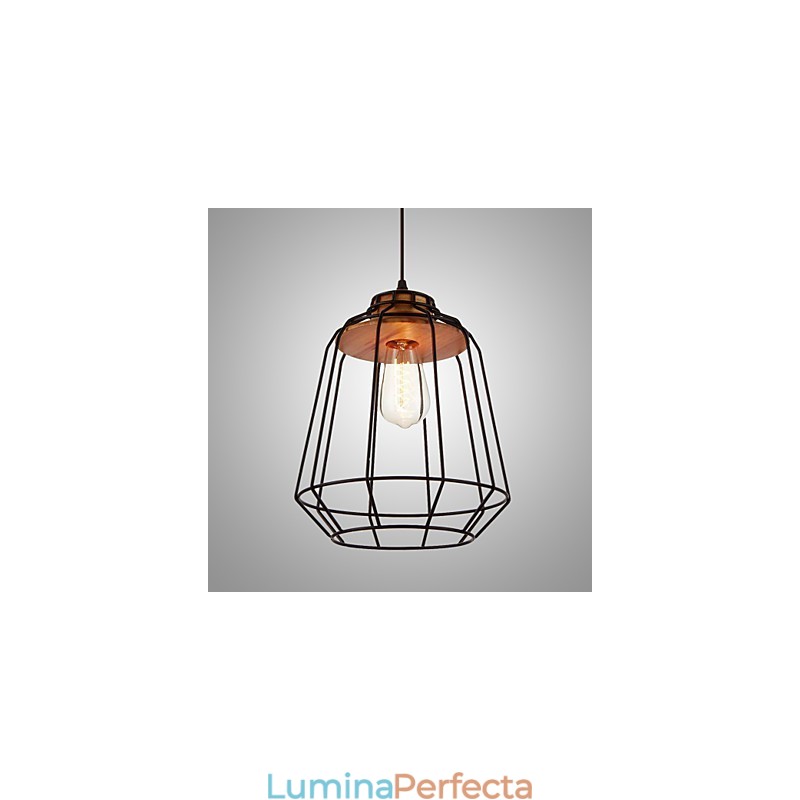 Lampă suspendată cu vopsire din fier cu lampă de iluminat cușcă de fier centrală din lemn