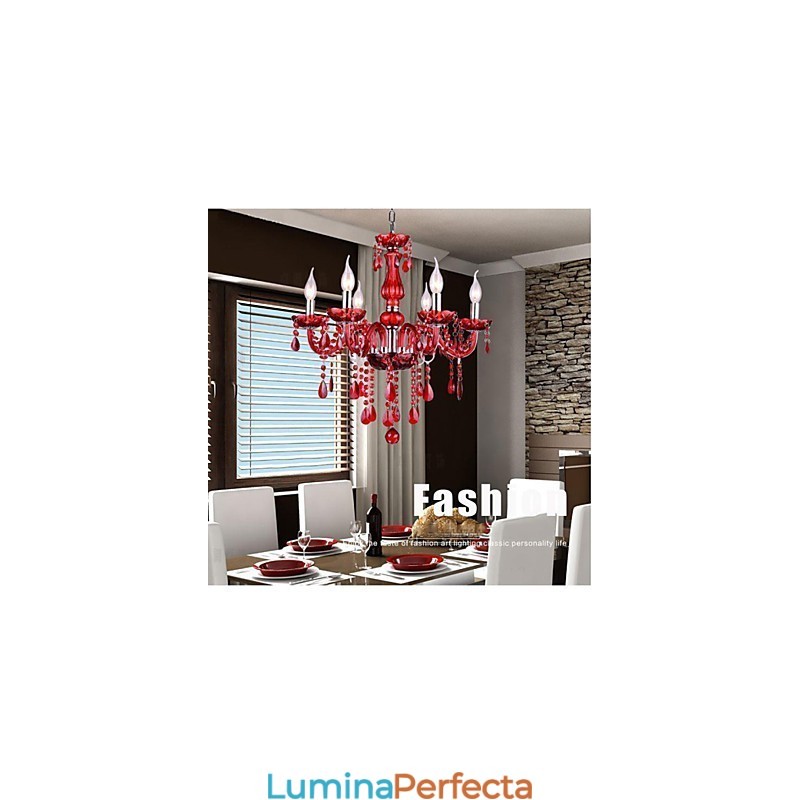 Candelabru Cristal Roșu De Lux Modern 6 Lumini