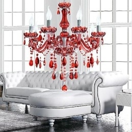 Candelabru Cristal Roșu De Lux Modern 6 Lumini