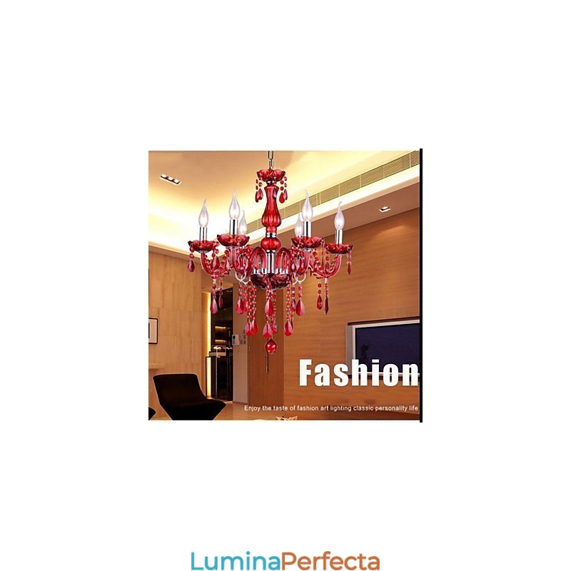 Candelabru Cristal Roșu De Lux Modern 6 Lumini