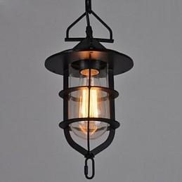 Lampă suspendată medie vintage neagră în formă de cușcă din sticlă și capac metalic