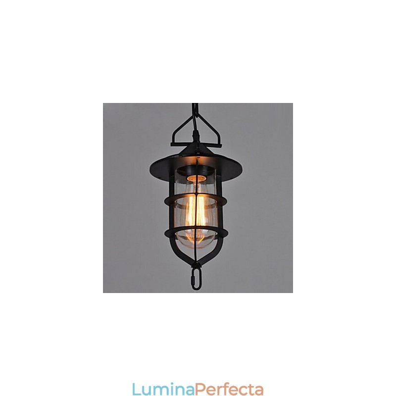 Lampă suspendată medie vintage neagră în formă de cușcă din sticlă și capac metalic