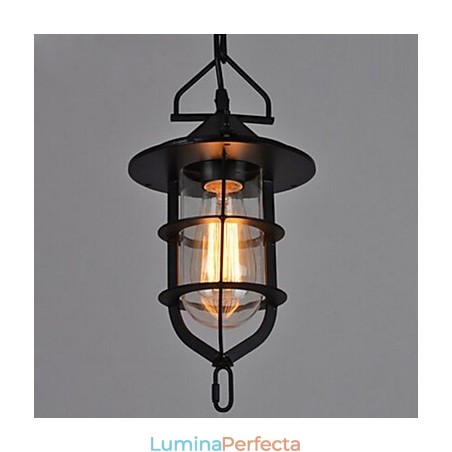 Lampă suspendată medie vintage neagră în formă de cușcă din sticlă și capac metalic Lampă suspendată medie vintage neagră în formă de cușcă din sticlă și capac metalic