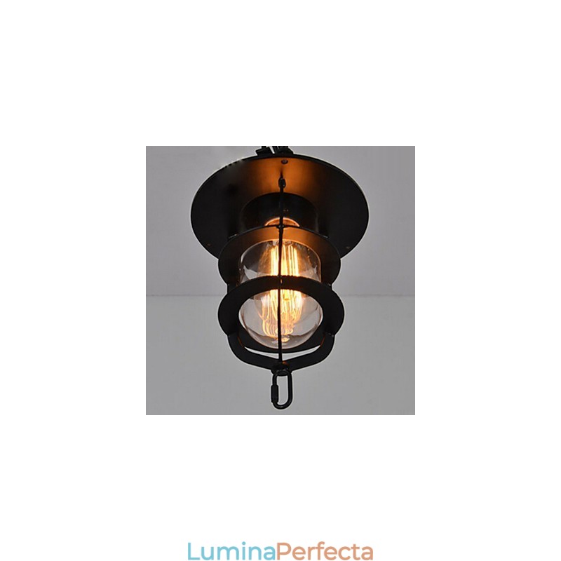 Lampă suspendată medie vintage neagră în formă de cușcă din sticlă și capac metalic