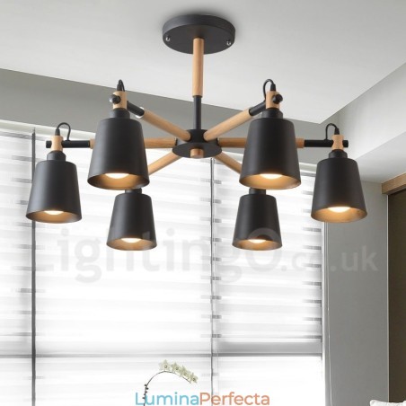 Candelabru modern contemporan din lemn cu 6 lumini Candelabru modern contemporan din lemn cu 6 lumini