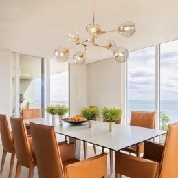 Candelabru modern contemporan cu 7 lumini cu abajur din sticlă transparentă și lampă