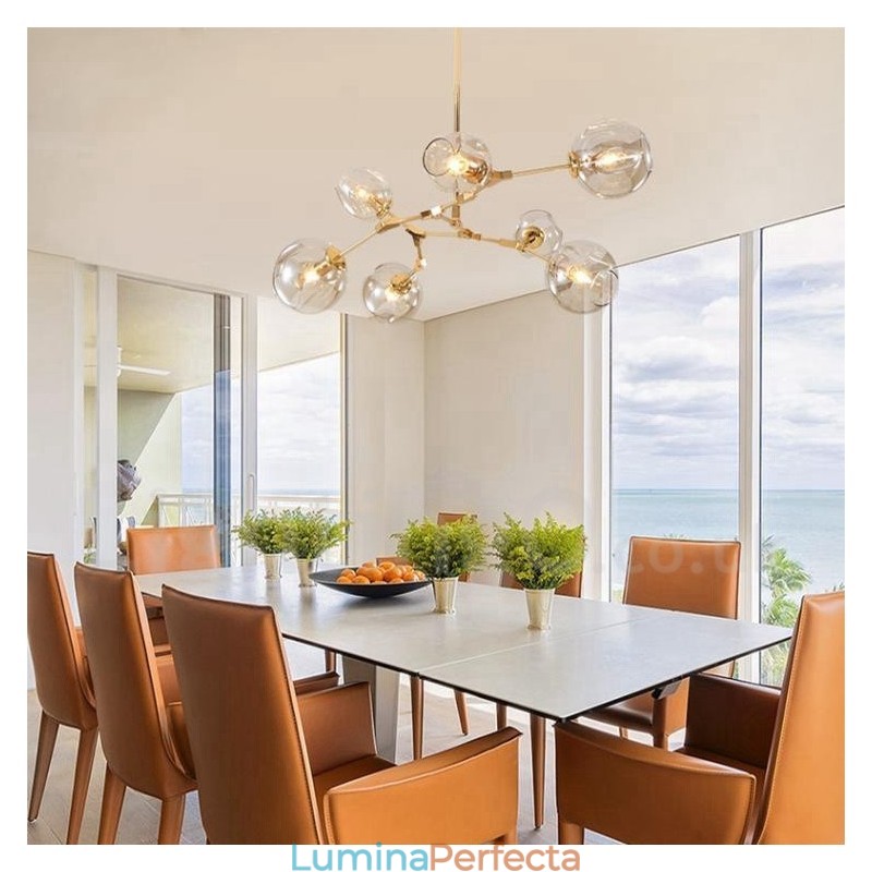 Candelabru modern contemporan cu 7 lumini cu abajur din sticlă transparentă și lampă