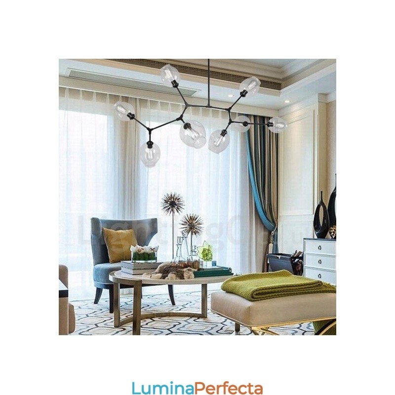 Candelabru contemporan modern cu 8 lumini cu abajur din sticlă transparentă și lampă (negru auriu)