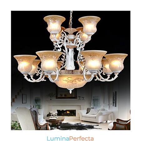 Candelabru alb Fifteen Lights Pattern Glass Shade Hand Aurit European Retro Classic Candelabru alb Fifteen Lights Pattern Glass Shade Hand Aurit European Retro Classic
