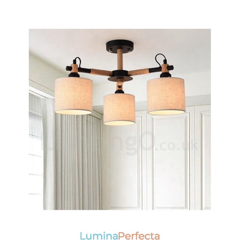 Candelabru modern, contemporan, din lemn, cu 3 lumini, cu un singur nivel, cu abajur din țesătură și