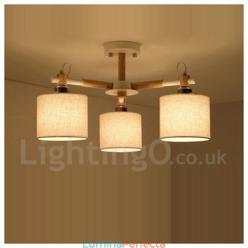 Candelabru modern, contemporan, din lemn, cu 3 lumini, cu un singur nivel, cu abajur din țesătură și