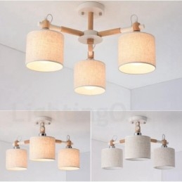 Candelabru modern, contemporan, din lemn, cu 3 lumini, cu un singur nivel, cu abajur din țesătură și