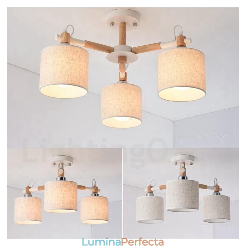 Candelabru modern, contemporan, din lemn, cu 3 lumini, cu un singur nivel, cu abajur din țesătură și