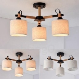 Candelabru modern, contemporan, din lemn, cu 3 lumini, cu un singur nivel, cu abajur din țesătură și