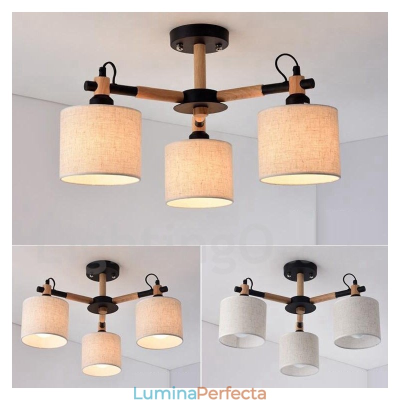 Candelabru modern, contemporan, din lemn, cu 3 lumini, cu un singur nivel, cu abajur din țesătură și