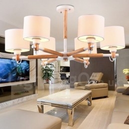 Candelabru modern, contemporan, din lemn, cu 6 lumini, cu un singur nivel, cu țesătură tambur (alb negru)