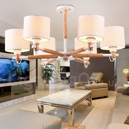 Candelabru modern, contemporan, din lemn, cu 6 lumini, cu un singur nivel, cu țesătură tambur (alb negru) Candelabru modern, contemporan, din lemn, cu 6 lumini, cu un singur nivel, cu țesătură tambur (alb negru)