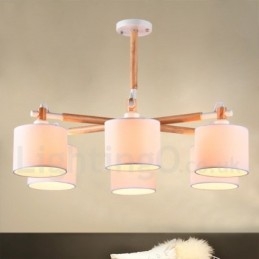 Candelabru modern, contemporan, din lemn, cu 6 lumini, cu un singur nivel, cu țesătură tambur (alb negru)