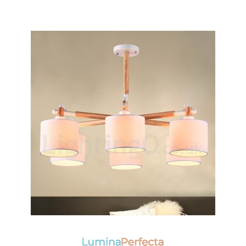 Candelabru modern, contemporan, din lemn, cu 6 lumini, cu un singur nivel, cu țesătură tambur (alb negru)