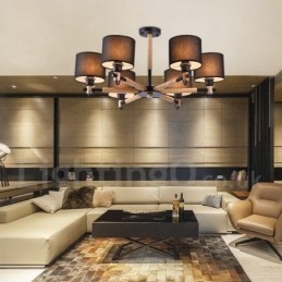 Candelabru modern, contemporan, din lemn, cu 6 lumini, cu un singur nivel, cu țesătură tambur (alb negru)