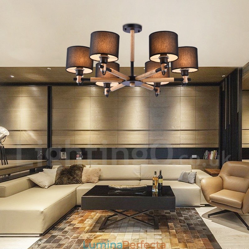 Candelabru modern, contemporan, din lemn, cu 6 lumini, cu un singur nivel, cu țesătură tambur (alb negru)