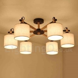 Candelabru modern, contemporan, din lemn, cu 6 lumini, cu un singur nivel, cu țesătură tambur (alb negru)