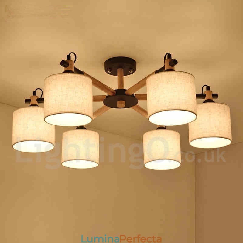 Candelabru modern, contemporan, din lemn, cu 6 lumini, cu un singur nivel, cu țesătură tambur (alb negru)