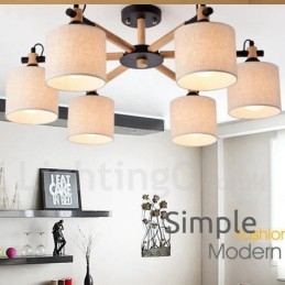 Candelabru modern, contemporan, din lemn, cu 6 lumini, cu un singur nivel, cu țesătură tambur (alb negru)
