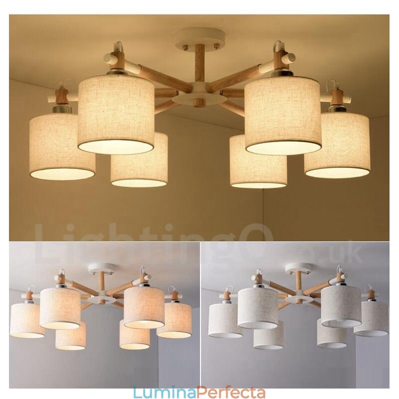 Candelabru modern, contemporan, din lemn, cu 6 lumini, cu un singur nivel, cu țesătură tambur (alb negru)