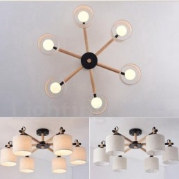 Candelabru modern, contemporan, din lemn, cu 6 lumini, cu un singur nivel, cu țesătură tambur (alb negru)