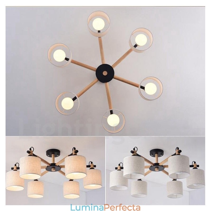 Candelabru modern, contemporan, din lemn, cu 6 lumini, cu un singur nivel, cu țesătură tambur (alb negru)