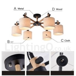 Candelabru modern, contemporan, din lemn, cu 6 lumini, cu un singur nivel, cu țesătură tambur (alb negru)