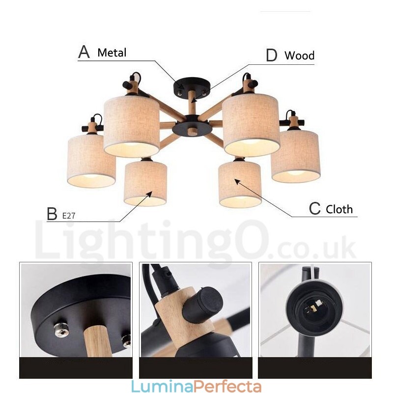 Candelabru modern, contemporan, din lemn, cu 6 lumini, cu un singur nivel, cu țesătură tambur (alb negru)