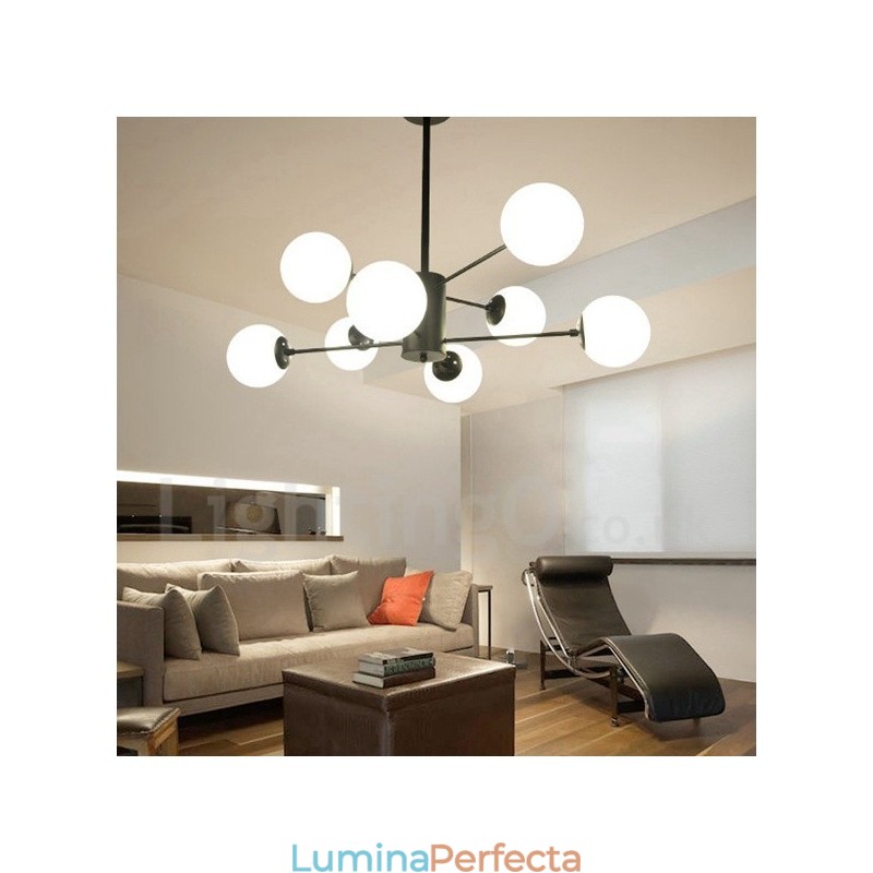 Candelabru negru, modern, contemporan, din metal, cu 2 niveluri, cu abajur din sticlă