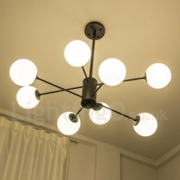 Candelabru negru, modern, contemporan, din metal, cu 2 niveluri, cu abajur din sticlă