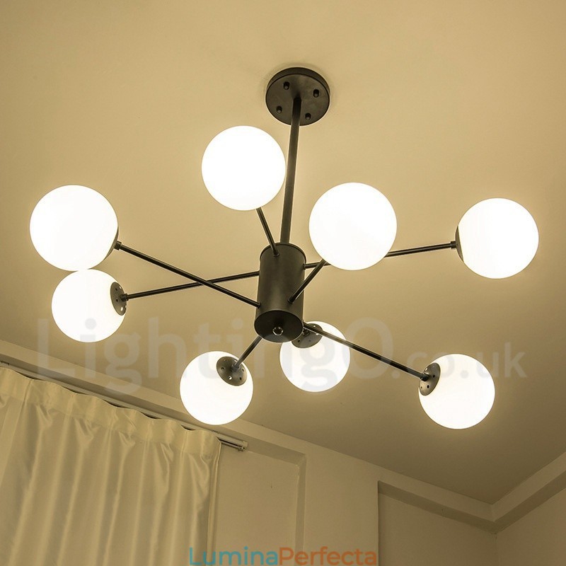 Candelabru negru, modern, contemporan, din metal, cu 2 niveluri, cu abajur din sticlă