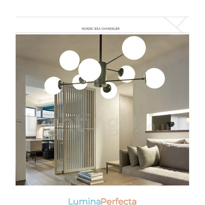 Candelabru negru, modern, contemporan, din metal, cu 2 niveluri, cu abajur din sticlă