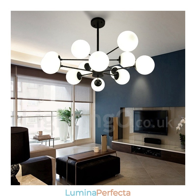 Candelabru din metal negru cu 12 lumini, 2 niveluri, cu abajur din sticlă, stil modern și contemporan