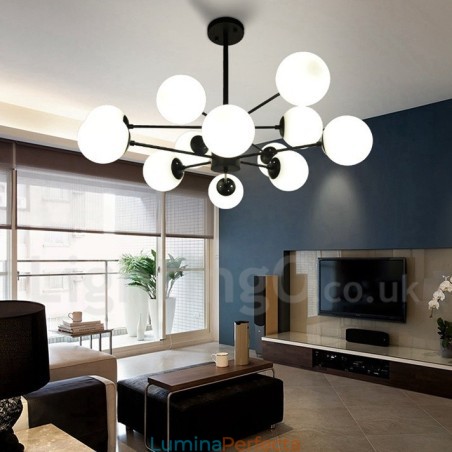 Candelabru din metal negru cu 12 lumini, 2 niveluri, cu abajur din sticlă, stil modern și contemporan