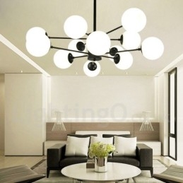 Candelabru din metal negru cu 12 lumini, 2 niveluri, cu abajur din sticlă, stil modern și contemporan