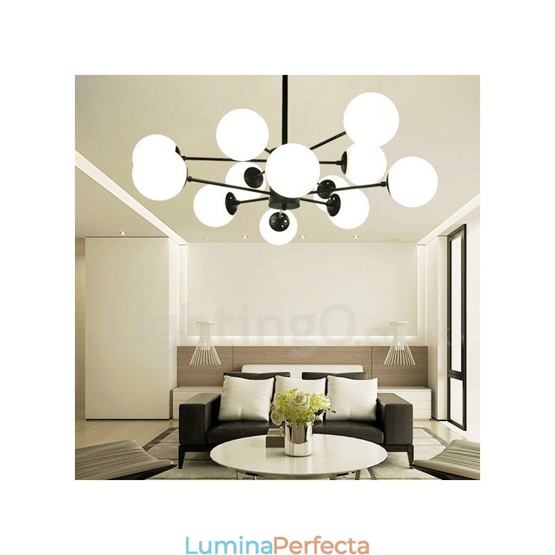 Candelabru din metal negru cu 12 lumini, 2 niveluri, cu abajur din sticlă, stil modern și contemporan