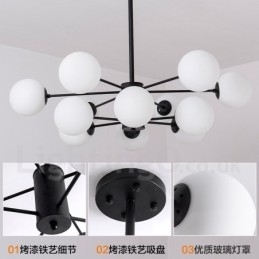 Candelabru din metal negru cu 12 lumini, 2 niveluri, cu abajur din sticlă, stil modern și contemporan