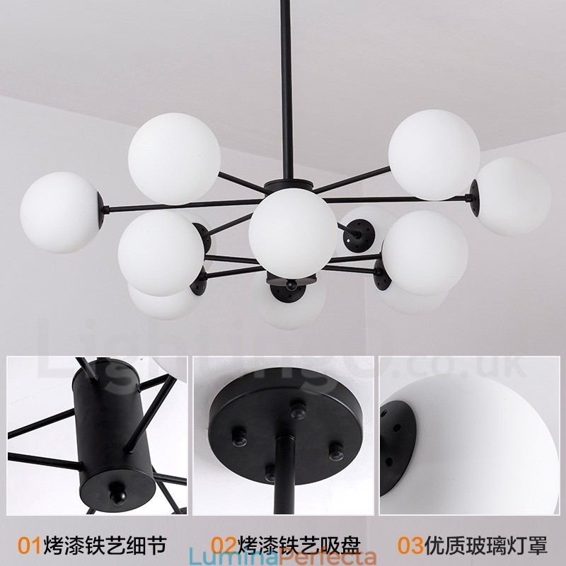 Candelabru din metal negru cu 12 lumini, 2 niveluri, cu abajur din sticlă, stil modern și contemporan