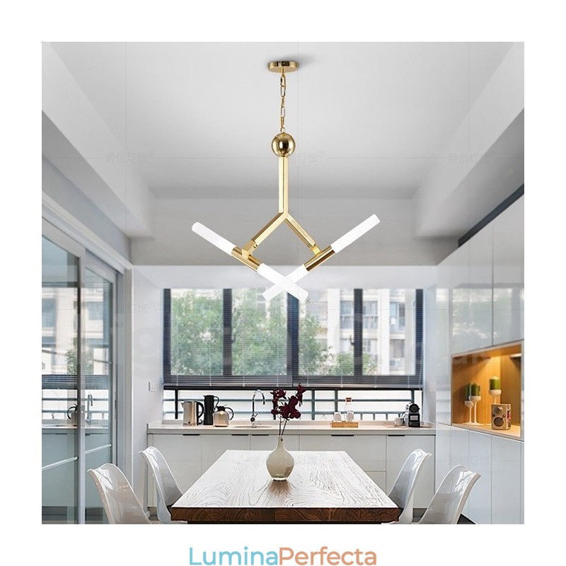 Candelabru auriu modern contemporan, cu 2 niveluri, 4 lumini