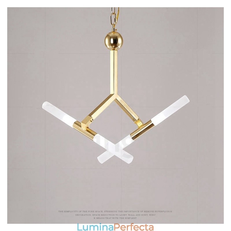 Candelabru auriu modern contemporan, cu 2 niveluri, 4 lumini